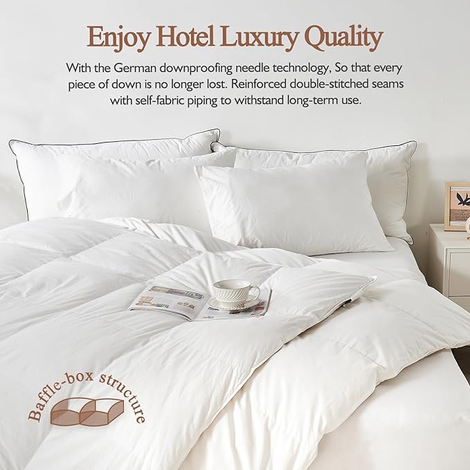 100% Organic Cotton Feather & Down Fibers Comforter Queen Size, All-Season Hotel-Style Hypoallergenic Duvet Insert, Ivory White 90x90 Inch