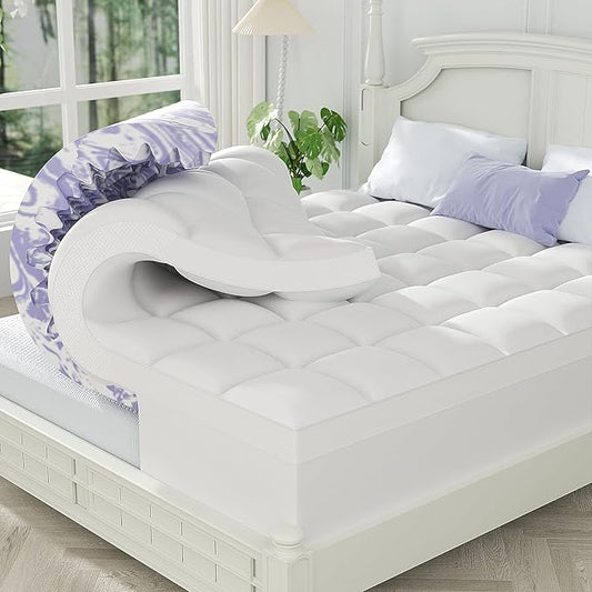 ChiXpace Dual Layer 5 Inch Memory Foam Mattress Topper Queen - 3 Inch Pillow Top Mattress Pad and 2 Inch Gel Memory Foam, 7-Zone Egg Crate Mattress Topper