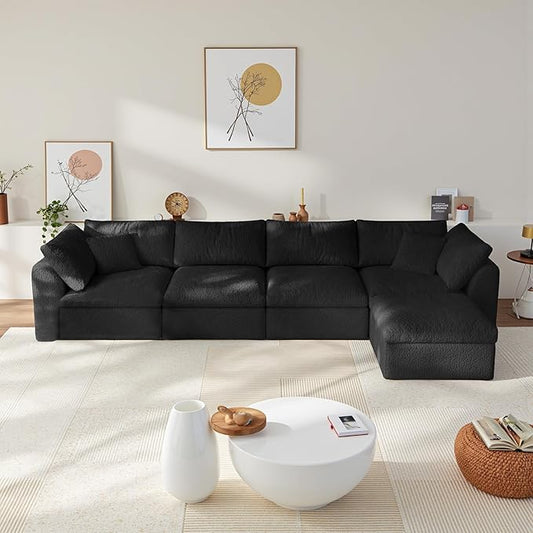 138" Modular Sectional Sofa Boneless Cloud Couch for Living Room, L Shape Deep Seat Recliner Sofa with Ottoman, Adjustable Backrest & 2 Throw Pillows - Covers Washable, (Black, 4 Seater+1 Ottoman)