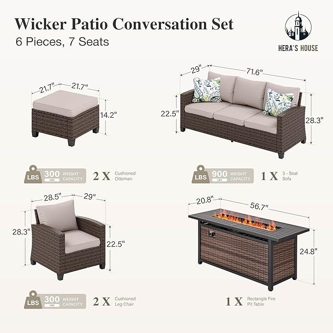 HERA'S HOUSE Patio Furniture Set with 56" Fire Pit Table, Outdoor Patio Conversation Sets, 6 Pieces 7 Seats Wicker Outside Sectional Sofa Set for Lawn Backyard Deck