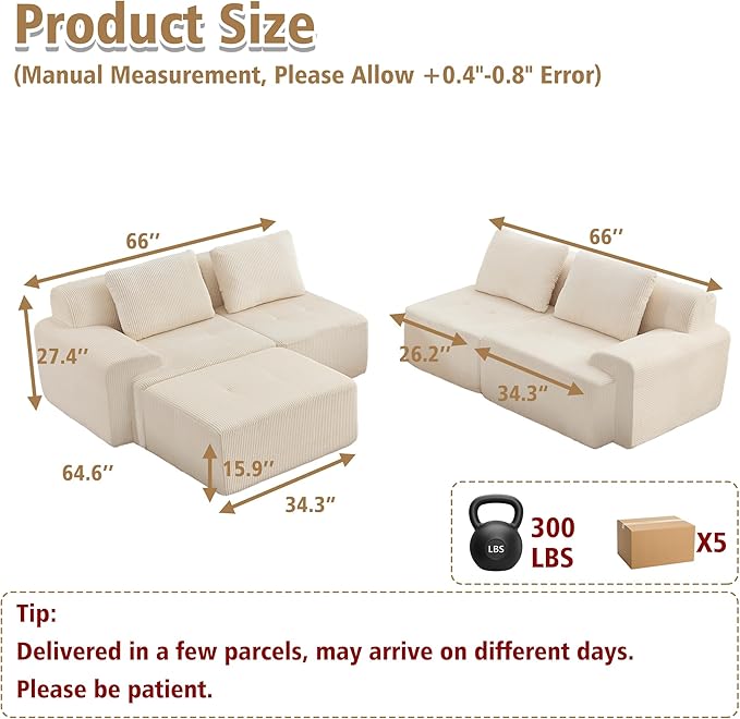 KIGOTY Modular Sectional Sofa Set, 5 PCS Comfy Cloud Sectional Couch with Deep Seat, Sleeper Sofa Bed with Ottoman, Modern Boneless Couch for Living Room, No Assembly Required,White