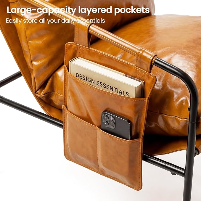 Modern Bright Orange Oversized Faux Leather Recliner Armchair, Comfy Accent Chair with Sturdy Metal Frame Armrest Bag, Indoor Outdoor Couch Sofa Chair for Living Room Bedroom Patio Lounge