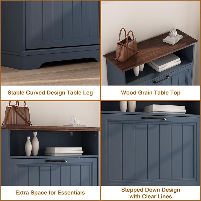 Shoe Storage Cabinet with 2 Flip Drawers, 24" W Farmhouse Modern Hidden Shoes Rack with Adjustable Shelves & Open Storage, Narrow Slim Shoe Organizer for Front Door Entrance, Entryway, Navy Blue - Image 7