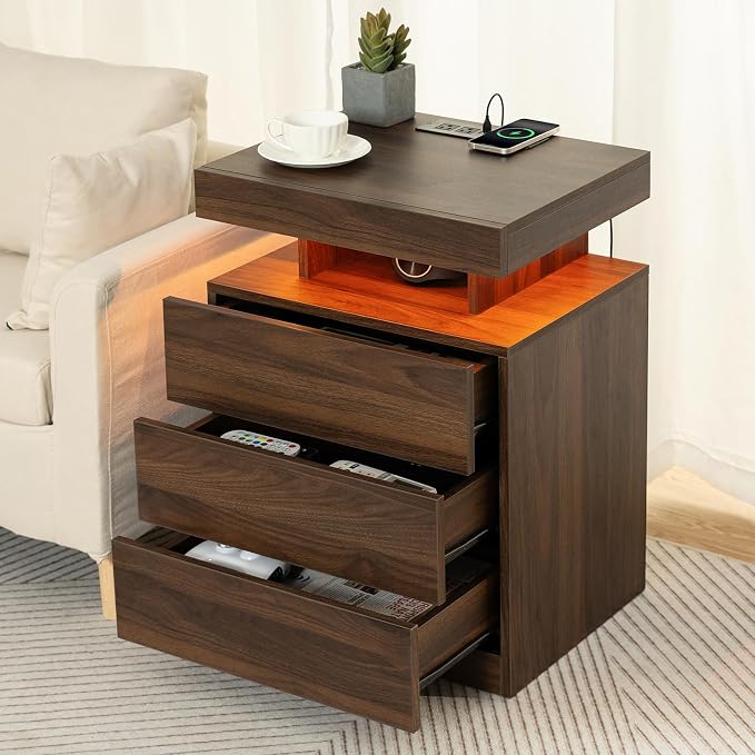 HOMMPA Set of 2 Walnut Nightstands with Wireless Charging Station High Gloss Night Stand Tall with 3 Drawers Bedside Table with USB Type C Charging Adjustable LED Lights for Bedroom - Image 8