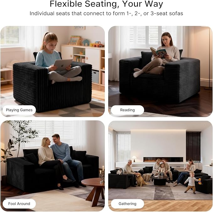 3-Seater Deep-Seat Corduroy Lounge Sleeper Sofa, No Assembly Frameless Foam Cloud Couch, Comfy Plush for Living Room Bedroom Apartment Dorm Office (Black)