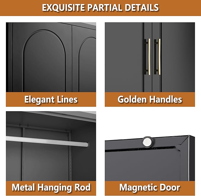 Polup Metal Armoire Wardrobe Closet, 86 Inch Tall Freestanding Wardrobe Cabinet with Hanging Rod, Bedroom Armoires with Doors, 18" D x 32" W x 86" H, Black, Assemble Required, Shipped in Two Packages