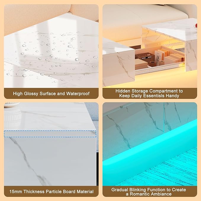 White Marble LED Coffee Table with Storage for Living Room, Living Room Table Rectangular Center Table, Modern High Glossy Wooden Coffee Tables for Dining Reception Room