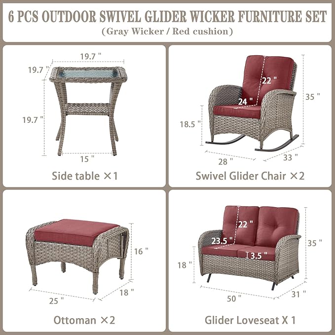 Belord 6 Pieces Wicker Patio Furniture Set with Patio Rocking Chairs, High Back Patio Conversation Set Outdoor Loveseat Glider with Ottoman and Rattan Side Table for Deck Sunroom Backyard