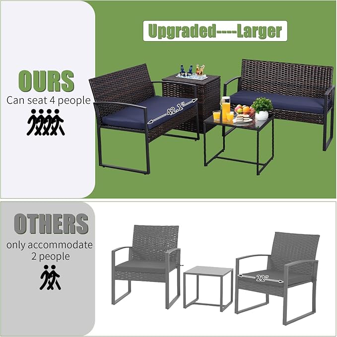 FHFO 4 Piece Outdoor Patio Furniture Set with Built-in Beverage Cooler Storage Box, Wicker Conversation Sets Patio Outdoor Loveseats & Coffee Table for Outside, Garden, Balcony, Porch, Brown/Blue