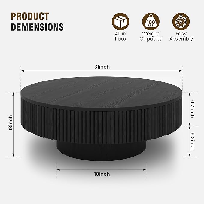 Apicizon 31.5'' Black Round Fluted Coffee Table for Living Room, Mordern Wood Drum Coffee Table for Small Space, Mid-Century Center Accent Table for Apartment