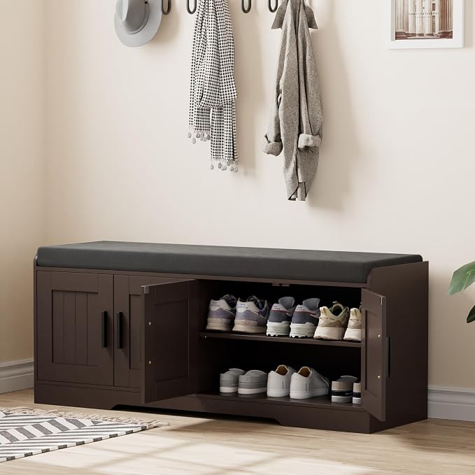 Homleke 2-Tier Storage Bench, Shoe Bench with Thickened Padded Seat Cushion, Entryway Bench with 4 Doors, Adjustable Shelf, 13.8" D x 45.3" W x 18.5" H, for Entryway, Living Room, Bedroom, Brown - Image 3
