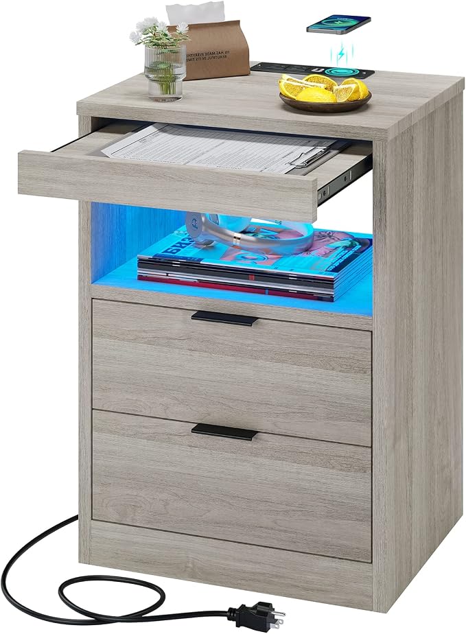 Tiptiper LED Nightstand with Wireless Charging Station, Farmhouse Nightstand with LED Light, Rustic End Table Side Table with Drawers, Pull-Out Tray and Open Storage, Grey Wood Grain by Tiptiper