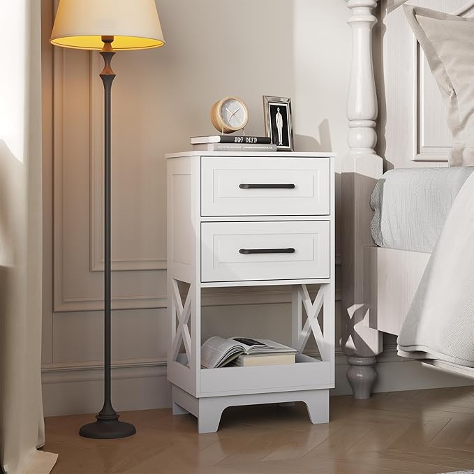Tall Nightstand Set of 2 Side Table with 2 Drawers Modern Night Stand Wooden End Table Bedside Table with Below Open Shelf Solid Feet for Bedroom White - Image 2