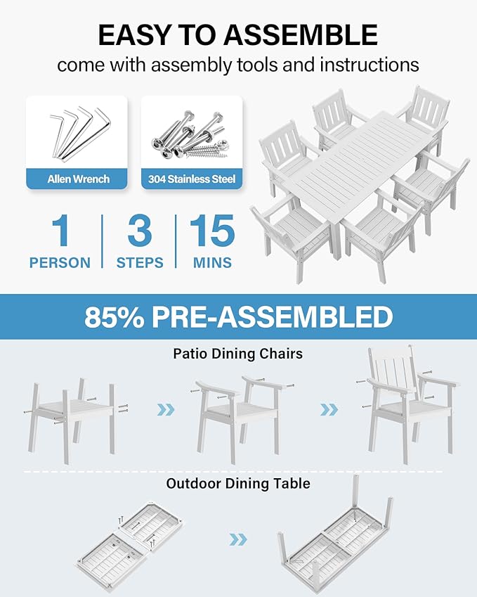 YEFU Outdoor Dining Table for 6: All Weather Rectangular Patio Table with Umbrella Hole and Aluminum Frame - Outdoor Furniture for Outside Backyard/Garden/Pool/Porch/Deck, 300lbs Capacity, White - Image 2