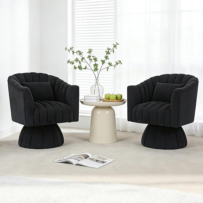 ClinQ Swivel Barrel Chair with Pillow Set of 3, 360° Cloud Velvet Round Swivel Accent Chair, Upholstered Cuddle Reading Lounge Chair for the Living Room, Bedroom, and Office, Black-Vertical Stripes