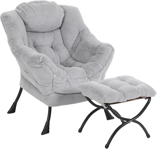 Furlide Lazy Chair with Ottoman, Modern Accent Chair with Armrests and a Side Pocket, Plush Grey Accent Chairs, Reading Chairs, Oversized Armchairs for Bedroom, Study, Living Room, Courtyard