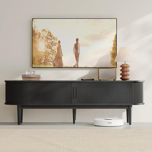 LINSY HOME 70" Fluted TV Stand for TVs up to 80 Inch, Mid Century Modern Entertainment Center with Storage Cabinet and Sliding Doors, Farmhouse Wood Media TV Console for Living Room, Bedroom, Black by LINSYHOME