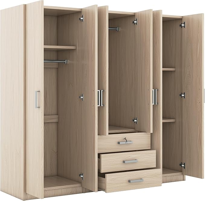 Merax 6 Doors Wardrobe Clothes Organizer, Wooden Armoire Wardrobe Closet with Three Big Drawers with Locker, Hanging Rail and Shelves for Home Room, Bedroom, Natural