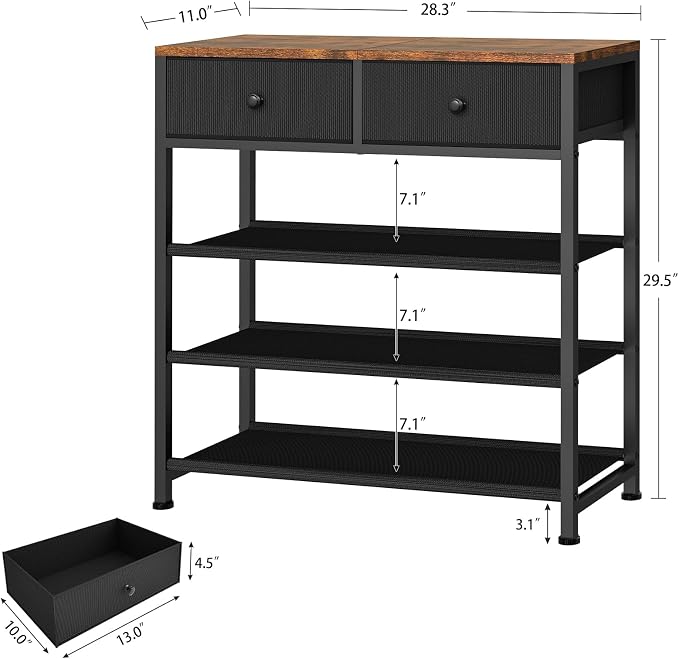 usikey Shoe Rack, 4 Tier Shoe Storage Organizer with 2 Drawers, Metal Shoe Shelf for 9-12 Pairs of Shoes, with 3 Oxford Fabric Shelves and Wooden Top, Shoe Stand for Closet Entryway, Black UNYXJX012H - Image 3