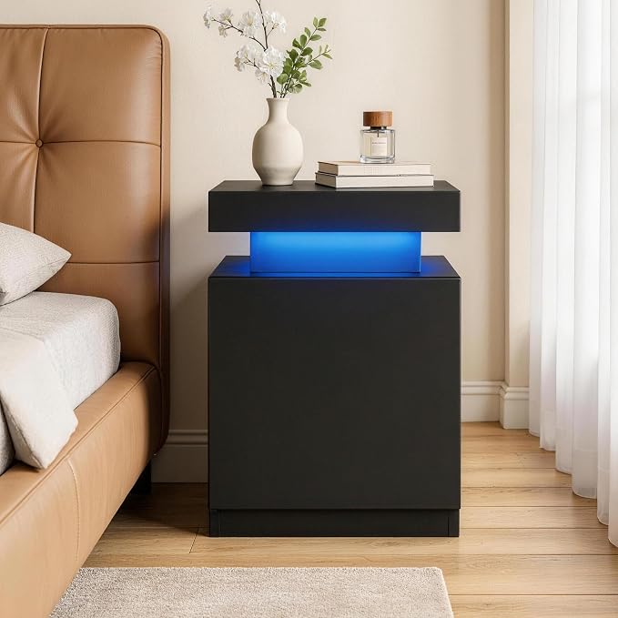 MXV LED Night Stand with Charging Station, Bedside Table with Sliding Top Storage, Modern End Table for Bedroom, Black - Image 7