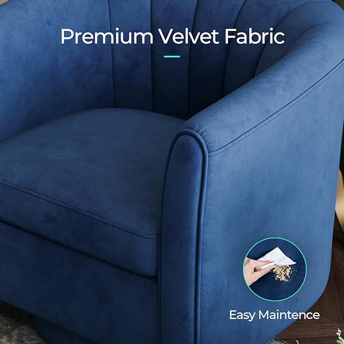 LINSY Swivel Accent Chair Ottoman Set: Velvet Larege Barrel Chair with Foot Rest, Modern Reading Chair Upholstered Armchair with Footrest for Living Room Bedroom Study Room Office (Blue)