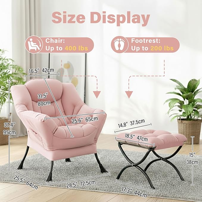 Lazy Chair and Ottoman, Large Accent Pink Velvet Chair with Side Pocket, Modern Leisure Upholstered Sofa Reading Armchair with Footrest for Office, Bedroom, Living Room, Dorm, Balcony