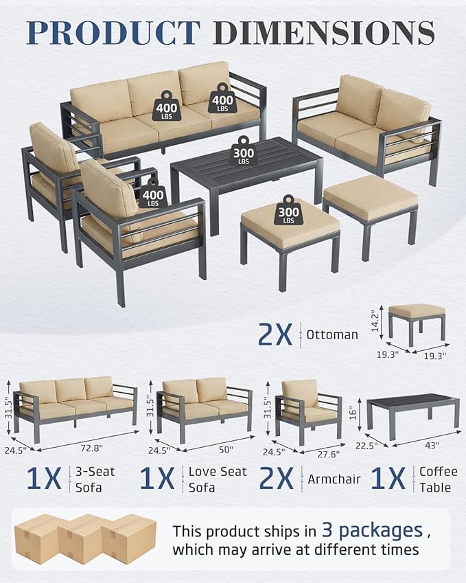 AECOJOY Aluminum Patio Furniture Set, 9 Seats Modern Outdoor Furniture with Coffee Table, 7 Pieces Metal Conversation Sectional Sofa, Beige