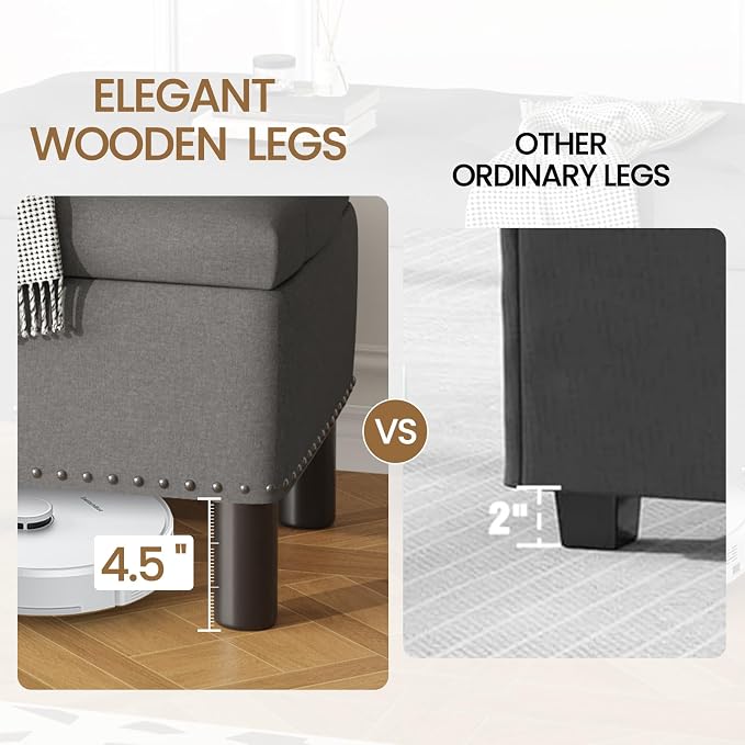 Furniliving Ottoman Bench with Storage, Folding Storage Ottoman Bench with Wood Legs, Upholstered Bedroom Bench with Button-Tufted, Entryway Bench Storage Bench for Bedroom, Linen (Darkgrey) - Image 9
