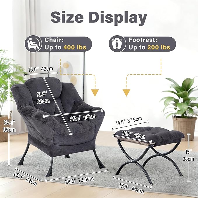 Plush Lazy Chair and Ottoman, Large Dark Grey Contemporary Accent Chair with Side Pocket, Modern Leisure Upholstered Reading Armchair with Footrest for Office, Bedroom, Living Room, Balcony