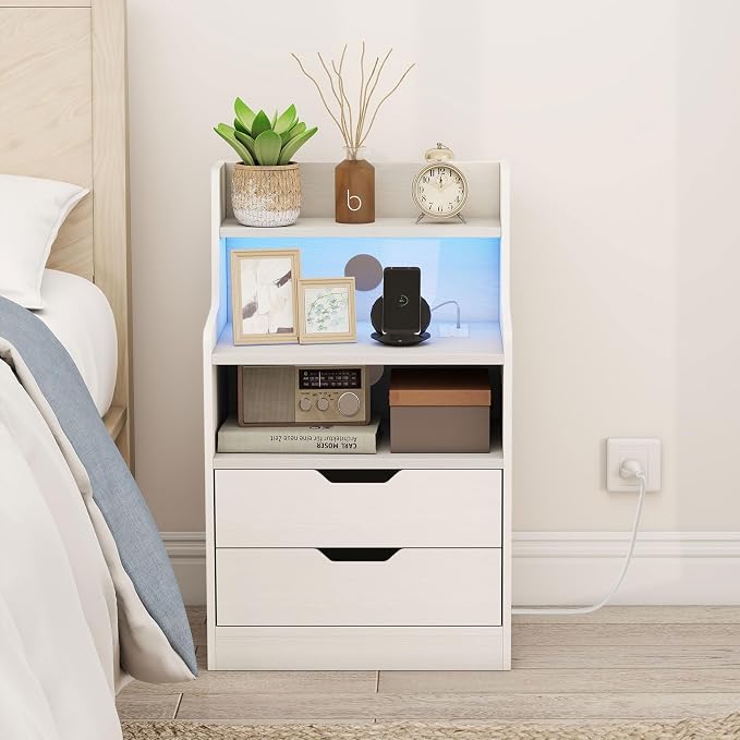 KOMFOTT Set of 2 Nightstands with Charging Station & LED Lights, Smart Night Stand with Hutch & Remote, Modern Side End Table with 2 Storage Drawers for Bedroom Dorm (White,2) - Image 2