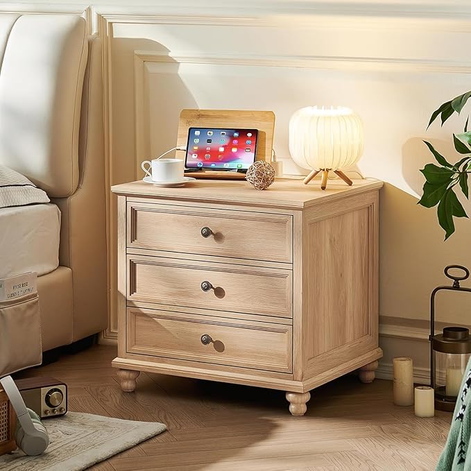 Joaxswe 24" Wide Farmhouse Nightstand with Charging Station Set of 2, 45" Tall Rustic Chests of 5 Drawers w/ 4 Solid Wood Feet, Farmhouse Furniture Series for Living Room,Bedroom,Wood