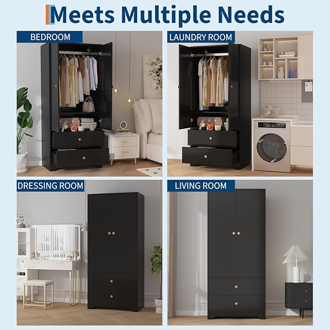 TROPOW Wood Armoire Wardrobe Closet, 71" Wood Clothing Storage Cabinets with 2 Doors, 1 Adjustable Shelf and 2 Drawers, Wardrobe Cabinet with Hanging Rod for Bedroom, Gym, Cloak Room, Black