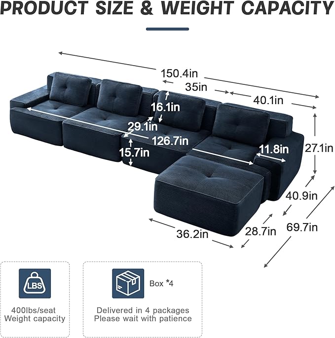 Casaphoria 150'' Corduroy Cloud Couch, 4-Seat L-Shaped Sectional Sofa with 4 Pillows & Ottoman for Living Room, Deep Seat Boneless Couch for Modern Apartment, No Assembly Required, Blue