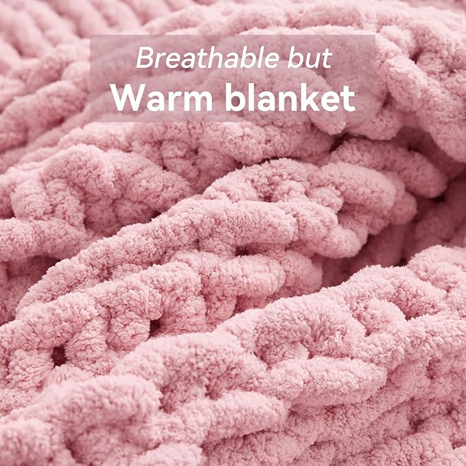 Negwoo Chunky Knit Throw Blanket, 60''*80'' Knitted Throw Chenille Yarn for Bed Couch, Handmade Light Pink Crochet Big Thick Blanket, Machine Washable Cute Comfy Blanket for Home Decor