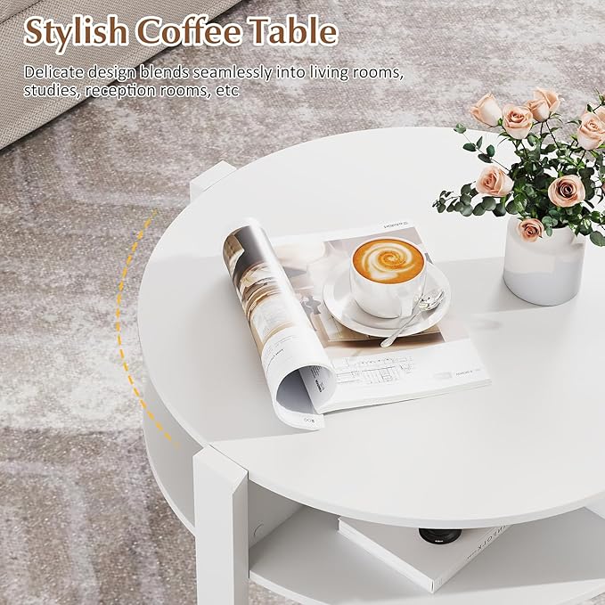 Tangkula Round Coffee Table, 29.5” 2-Tier Circle Cocktail Center Table with Storage Shelves, for Small Spaces, Living Room (White)
