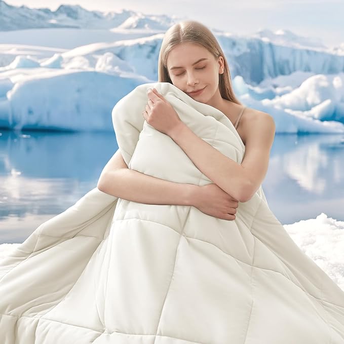 HYLEORY Cooling Comforter Twin Size - Summer Cooling Blanket for Hot Sleepers/Night Sweats, Double-Sided Cold Touch Silky Ice Comforters, Breathable Lightweight Beddings, Cool Cream, 68"x90"
