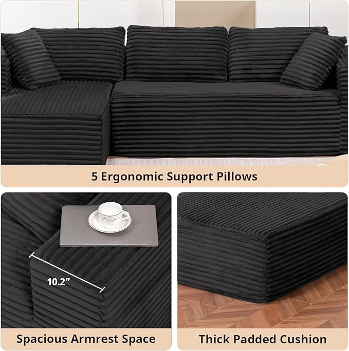 LUCKLIFE 108" Modular Sectional Couch with L-Shape Chaise,Corduroy Upholstery Boneless Couches for Living Room,Oversized Sleeper Sofa,No Assembly Required (Black, L Shape with Left Facing Chaise)