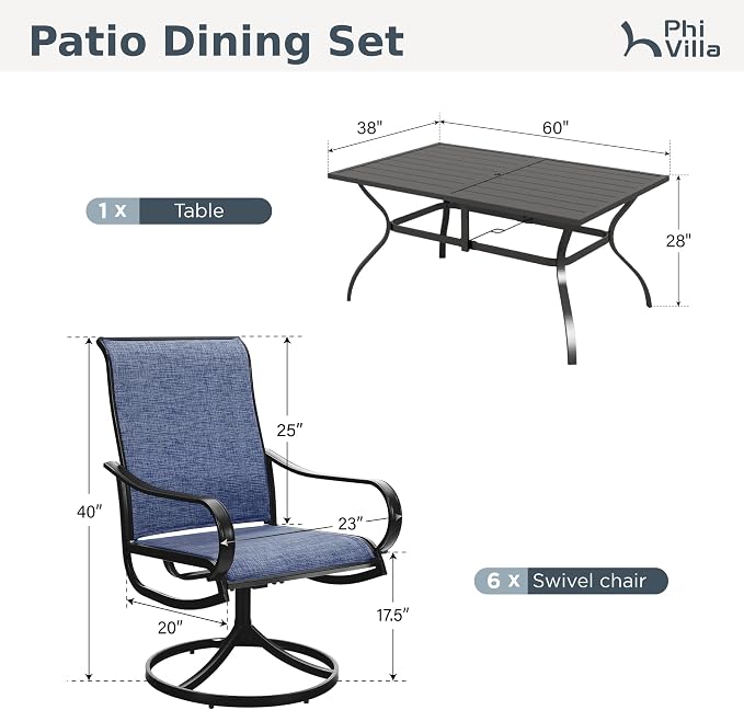 PHI VILLA 7 Piece Outdoor Patio Dining Set, Large Metal Table (1.57'' Umbrella Hole) and 6 Swivel Dining Chairs with Textilene Mesh Fabric, All Weather Patio Furniture Set for Deck Lawn Garden (Blue) - Image 8