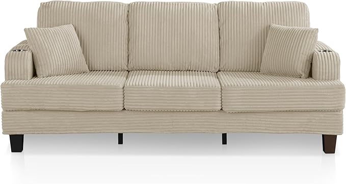 Homes: Inside + Out Reese Modern Plush Chenille Couch with Side Pockets, Cup Holders and USB Ports, Wooden Comfortable Sofa for Living Room, Bedroom and Office, Beige