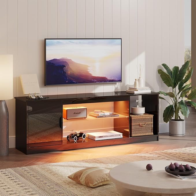 Bestier 57" Gloss Black Media Console - Gaming TV Stand for 65 Inch TV, Entertainment Center for PS5/Xbox Series X, Modern Home Theater Design, Adjustable Glass Shelves - Image 4