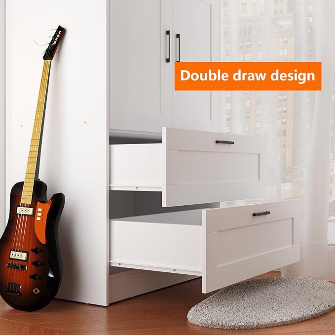 Fenghua Lizhi 3 Doors Wooden Wardrobe Closet Armoire, White Storage Cabinet for Hanging Clothes, Bedroom Large Capacity Freestanding Armoire,Wood Wardrobe Combination with Shelves (2drawer, White)