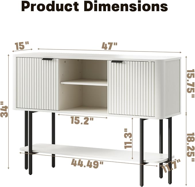 Fatmok Fluted Console Table with Storage, 47" Long Entryway Table with with 2 Door Cabinets and Open Storage Shelf, Wood Sofa Table Behind Couch for Hallway Entrance Foyer Living Room, White - Image 2