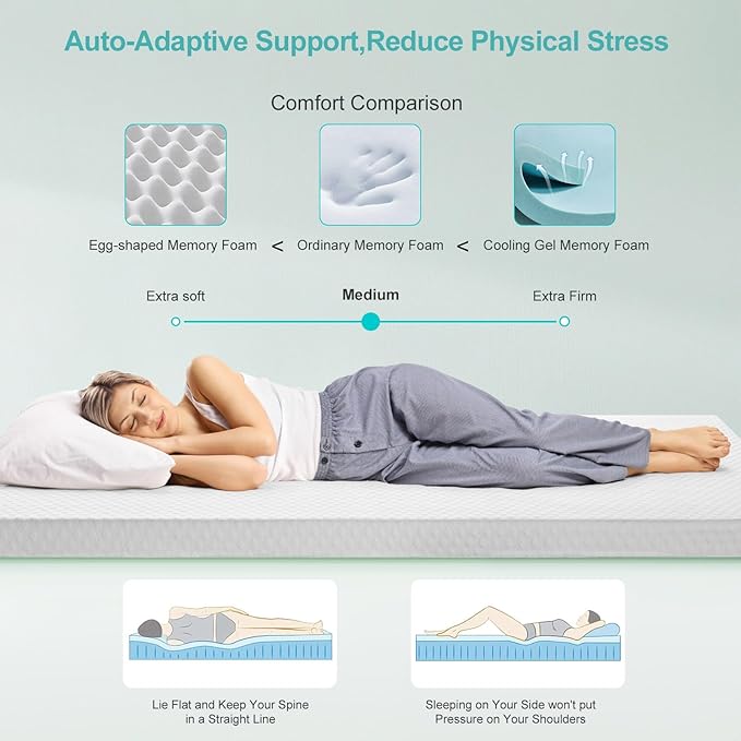 EDILLY 3 Inch Cooling Gel Memory Foam Mattress Topper Queen Size,with Removable & Washable Bamboo Cover,Soft Breathable Mattress Pad,Bed Topper for Back Pain Relief (60x80)