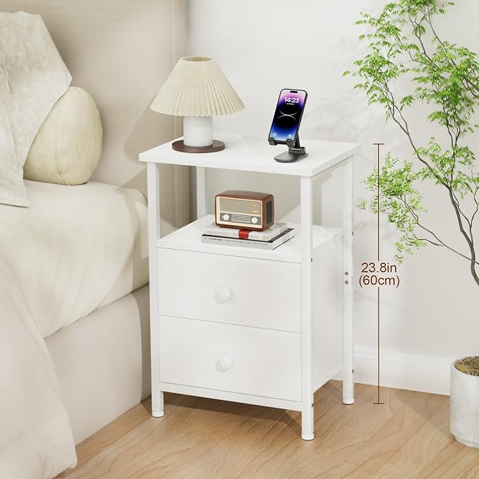 LOAKEKEL Night Stand, Nightstand with 2 Fabric Drawers for Bedroom, Small End Table with Open Storage Shelf for Living Room, Bedisde Table for Apartment, White, HETS002WP-1 - Image 3