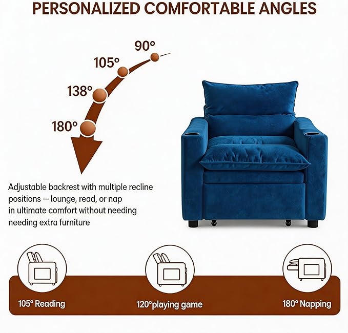 Casaphoria Convertible Sleeper Chair 66.54" Futon Sofa Bed Single Sleeper Sofa Small Couch Bed with Adjustable Backrest for College Dorm Bedroom Studio Apartment