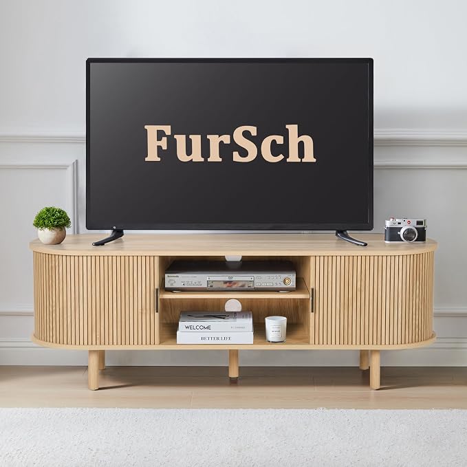 FurSch 54" Tambour Door TV Stand,Wood Mid Century Modern TV Cabinet for Up to 65“ TV,Curved Edge Long TV Stand with Storage for Bedroom Living Room(Natural, 54inch) by FurSchFurniture
