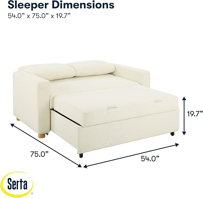Serta Tulsa 66.1" Convertible Sleeper Loveseat, Full Size, Dreamcoil Comfort, FingerGuard Pinch Point Protection, Boucle Fabric, Ivory