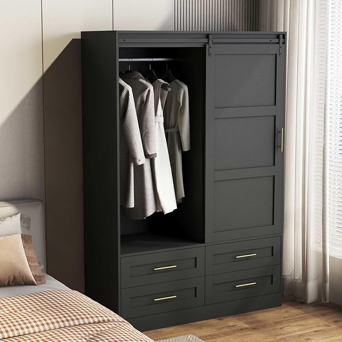 Armoire Wardrobe Closet with Sliding barn Door，Wardrobe Cabinet with 4 Storage Drawers and Hanging Rail,Freestanding Wooden Closet for Bedroom (Black)