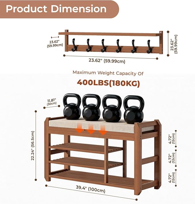 39.4" Bamboo Shoe Bench with Cushion, 6 Hooks Coat Rack, 3-Tier Adjustable Storage Bench for Entryway, Heavy Duty Shoe Rack Organizer with Removable Soft Cushion for Living Room Bedroom Hallway - Image 2