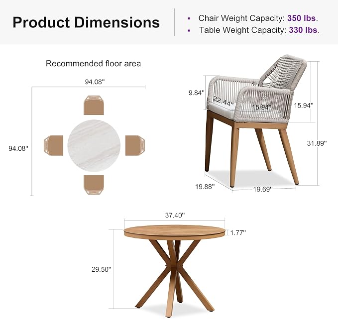 PURPLE LEAF 5 Pieces Patio Round Dining Set Aluminum Round Table and Rattan Arm Chairs with Cushions for Kitchen Porch Garden Modern Outdoor Furniture Sets, Teak - Image 9